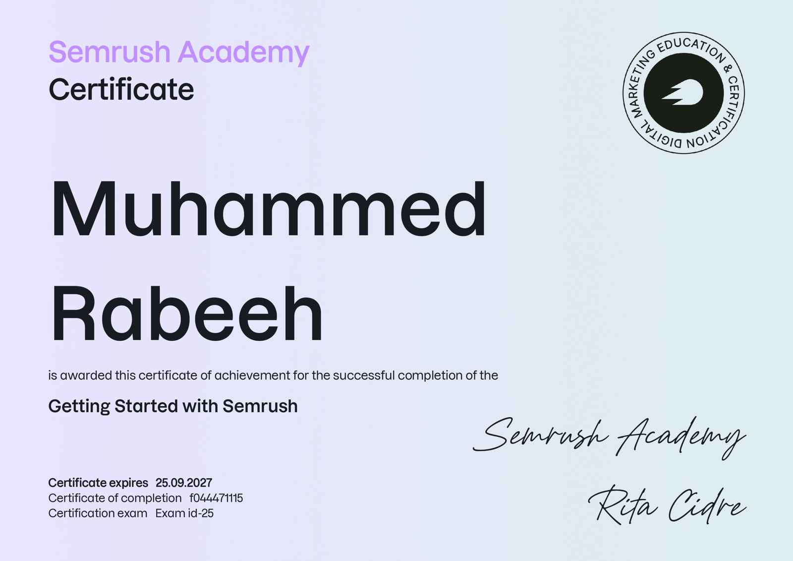 SEMrush certificate from SEMrush