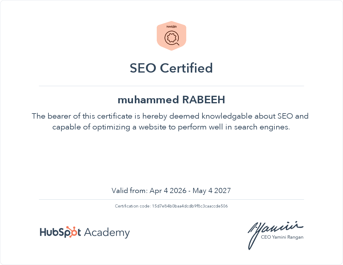 seo certification from seo hub
